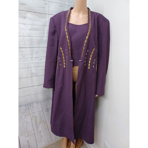 Vtg KB Stella Louise Long Duster Jacket Womens Purple Plum Beads Gold Thread 24W - Picture 2 of 12